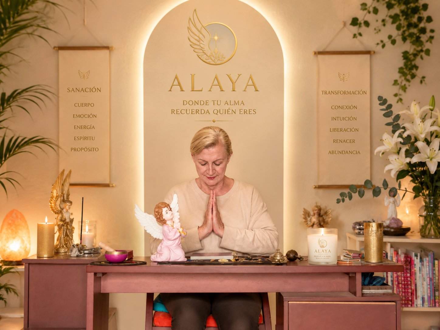 Maestra de ALAYA en meditación frente al altar de sanación